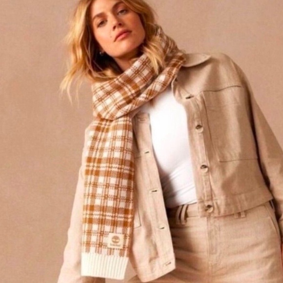NWOT Timberland Knit Scarf Plaid Cream Tan Lagenlook Streetwear OS Unisex - Picture 1 of 14